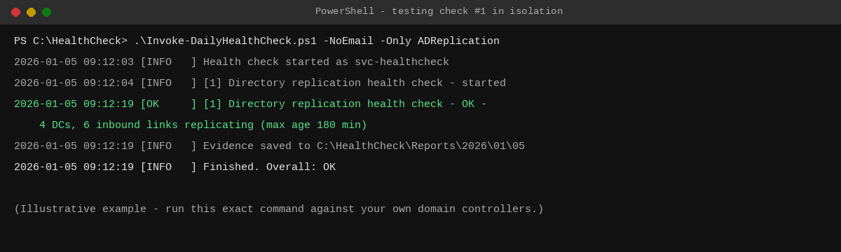 Calling a single check function directly is the fastest way to confirm it works before wiring it into the full orchestrator.