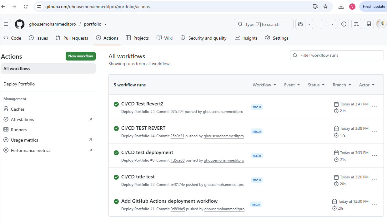 GitHub Actions workflow run history for the portfolio repository showing five consecutive successful Deploy Portfolio runs